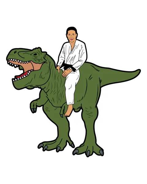 Cartoon of Jeff riding a T-rex